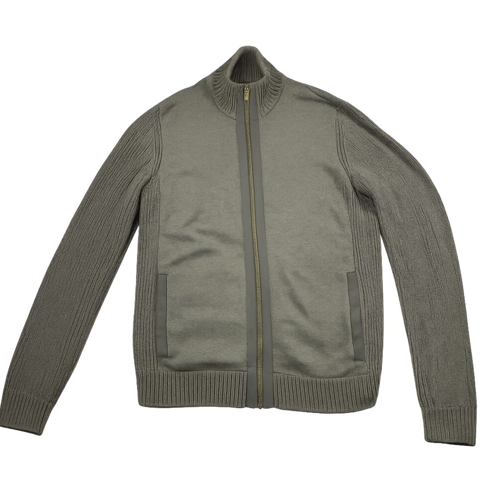 Daniel Hechter Paris Sweater Jacket Mens Medium Gray Olive Full Zip Cotton Knit
